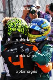 Race winner Lando Norris (GBR) McLaren celebrates in parc ferme with Fernando Alonso (ESP) Aston Martin F1 Team. 05.05.2024. Formula 1 World Championship, Rd 6, Miami Grand Prix, Miami, Florida, USA, Race Day.