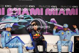 (L to R): Charles Leclerc (MON) Ferrari; Max Verstappen (NLD) Red Bull Racing; and Carlos Sainz Jr (ESP) Ferrari, in the post qualifying FIA Press Conference. 04.05.2024. Formula 1 World Championship, Rd 6, Miami Grand Prix, Miami, Florida, USA, Sprint and Qualifying Day.