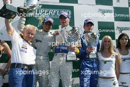27.06.2004 Monza, Italy, Sunday 27 June 2004, 1st place Nicky Pastorelli, NED, Draco Racing Jr. Team, 2nd place Chistiano Rocha, BRA, Zele Racing and 3rd place Fabrizio Del Monte, ITA, GP Racing - SUPERFUND EURO 3000 Championship Rd 4, Monza, Italy, ITA - SUPERFUND COPYRIGHT FREE editorial use only