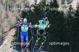 16.01.2011, Ruhpolding, Germany (GER): (L-R): Ivan Tcherezov (RUS), Fischer, Rottefella, Swix, adidas, Martin Fourcade (FRA), Rossignol, Rottefella, OneWay, Odlo - IBU world cup biathlon, pursuit men, Ruhpolding (GER). www.xpb.cc. © Manzoni/xpb.cc. Every downloaded picture is fee-liable.