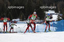 23.01.2011, Antholz, Italy (ITA): Tora Berger (NOR), Fischer, Rottefella, Odlo, Andrea Henkel (GER), Fischer, Rottefella, Exel, adidas, Toko, Ann Kristin Aafedt Flatland (NOR), Madshus, Rottefella, Alpina, Swix, ODLO, Magdalena Neuner (GER), Fischer, Rottefella, Exel, adidas - IBU world cup biathlon, mass women, Antholz (ITA). www.xpb.cc. © Manzoni/xpb.cc. Every downloaded picture is fee-liable.
