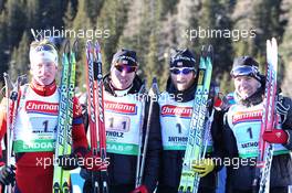23.01.2011, Antholz, Italy (ITA): (L-R): Tarjei Boe (NOR), Fischer, Rottefella, Swix, ODLO, Emil Hegle Svendsen (NOR), Madshus, Rottefella, Swix, Odlo, Alexander Os (NOR), Fischer, Rottefella, Swix, Odlo, Ole Einar Bjoerndalen (NOR), Madshus, Rottefella, Odlo - IBU world cup biathlon, relay men, Antholz (ITA). www.xpb.cc. © Manzoni/xpb.cc. Every downloaded picture is fee-liable.