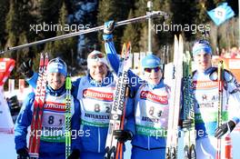 23.01.2011, Antholz, Italy (ITA): (L-R): Christian de Lorenzi (ITA), Atomic, Rottefella, Alpina, OneWay, Rene Laurent Vuillermoz (ITA), Rossignol, Rottefella, Exel, Lukas Hofer (ITA), Rossignol, Rottefella, Exel, Markus Windisch (ITA), Fischer, Rottefella, Alpina, Leki - IBU world cup biathlon, relay men, Antholz (ITA). www.xpb.cc. © Manzoni/xpb.cc. Every downloaded picture is fee-liable.