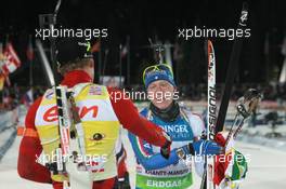 12.03.2011, Khanty-Mansiysk, Russia (RUS): Tarjei Boe (NOR), Fischer, Rottefella, Swix, ODLO, Lukas Hofer (ITA), Rossignol, Rottefella, Exel - IBU world championships biathlon, mass men, Khanty-Mansiysk (RUS). www.xpb.cc. © Manzoni/xpb.cc. Every downloaded picture is fee-liable.