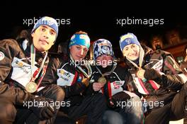 03.03.2011, Khanty-Mansiysk, Russia (RUS): (L-R): Martin Fourcade (FRA), Rossignol, Rottefella, OneWay, Odlo, Alexis Boeuf (FRA), Salomon, Swix, OneWay, Marie Dorin (FRA), Rossignol, Rottefella, OneWay, Marie Laure Brunet (FRA), Rossignol, Rottefella, Swix - IBU world championships biathlon, relay mixed, Khanty-Mansiysk (RUS). www.xpb.cc. © Manzoni/xpb.cc. Every downloaded picture is fee-liable.