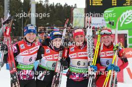 13.03.2011, Khanty-Mansiysk, Russia (RUS): (L-R): Anais Bescond (FRA), Madshus, Rottefella, Swix, OneWay, Marie Laure Brunet (FRA), Rossignol, Rottefella, Swix, Sofie Boilley (FRA), Rossignol, Rottefella, OneWay, Marie Dorin (FRA), Rossignol, Rottefella, OneWay - IBU world championships biathlon, relay women, Khanty-Mansiysk (RUS). www.xpb.cc. © Manzoni/xpb.cc. Every downloaded picture is fee-liable.