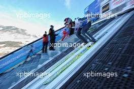 01.01.2011, Garmisch, Germany (GER): Fischer athletes on the inrun - FIS world cup ski jumping, four hills tournament, individual HS140, Garmisch (GER). www.xpb.cc. Â© Felgenhauer/xpb.cc. Every downloaded picture is fee-liable.