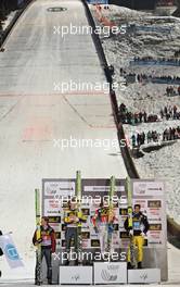 06.01.2011, Bischofshofen, Austria (AUT): l-r: Thomas Morgenstern (AUT), Fischer, Tom Hilde (NOR), Fischer, Andreas Kofler (AUT), Fischer, on the podium of Bischofshofen world cup - FIS world cup ski jumping, four hills tournament, individual HS140, Bischofshofen (AUT). www.xpb.cc. Â© Felgenhauer/xpb.cc. Every downloaded picture is fee-liable.