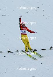06.02.2011, Oberstdorf, Germany (GER): Severin Freund (GER), Fischer celebrates after his 218m long jump  - FIS world cup ski jumping, team HS213, Oberstdorf (GER). www.xpb.cc. © Laiho/xpb.cc. Every downloaded picture is fee-liable.