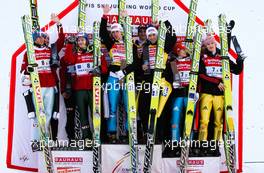 06.02.2011, Oberstdorf, Germany (GER):  the best teams on the podium, (l-r) Norway, Austria and Germany - FIS world cup ski jumping, team HS213, Oberstdorf (GER). www.xpb.cc. © Laiho/xpb.cc. Every downloaded picture is fee-liable.
