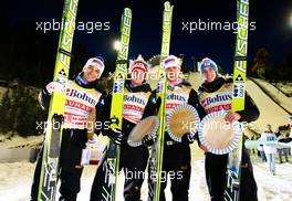 12.03.2011, Lahti, Finland (FIN):  (l-r) Andreas Kofler (AUT), Fischer, Thomas Morgenstern (AUT), Fischer, Martin Koch (AUT), Fischer and Gregor Schlierenzauer (AUT), Fischer  - FIS world cup ski jumping, team HS130, Lahti (FIN). www.xpb.cc. © Laiho/xpb.cc. Every downloaded picture is fee-liable.