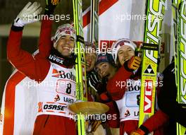12.03.2011, Lahti, Finland (FIN): (l-r) Anders Bardal (NOR), Fischer, Johan Remen Evensen (NOR), Elan, Anders Jacobsen (NOR), Fischer and Tom Hilde (NOR), Fischer  - FIS world cup ski jumping, team HS130, Lahti (FIN). www.xpb.cc. © Laiho/xpb.cc. Every downloaded picture is fee-liable.