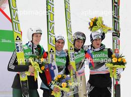 19.03.2011, Planica, Slovenia (SLO): 3rd Team Slovenia, l-r: Jurij Tepes (SLO), Fischerm Jernej Damjan (SLO), Fischer, Robert Kranjec (SLO), Fischer, Peter Prevc (SLO), Elan  - FIS world cup ski jumping final, team HS215, Planica (SLO). www.xpb.cc. © Hemmersbach/xpb.cc. Every downloaded picture is fee-liable.