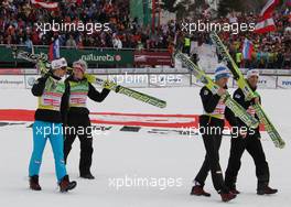 19.03.2011, Planica, Slovenia (SLO): 1st Team Austria, l-r: Martin Koch (AUT), Fischer, Thomas Morgenstern (AUT), Fischer, Gregor Schlierenzauer (AUT), Fischer, Andreas Kofler (AUT), Fischer  - FIS world cup ski jumping final, team HS215, Planica (SLO). www.xpb.cc. © Hemmersbach/xpb.cc. Every downloaded picture is fee-liable.