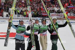 19.03.2011, Planica, Slovenia (SLO): 3rd Team Slovenia (l-r): Jernej Damjan (SLO), Fischer, Peter Prevc (SLO), Elan, Robert Kranjec (SLO), Fischer, Jurij Tepes (SLO), Fischer  - FIS world cup ski jumping final, team HS215, Planica (SLO). www.xpb.cc. © Hemmersbach/xpb.cc. Every downloaded picture is fee-liable.
