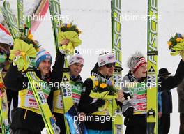 19.03.2011, Planica, Slovenia (SLO): todays winner Team Austria, l-r: Gregor Schlierenzauer (AUT), Fischer, Andreas Kofler (AUT), Fischer, Martin Koch (AUT), Fischer, Thomas Morgenstern (AUT), Fischer  - FIS world cup ski jumping final, team HS215, Planica (SLO). www.xpb.cc. © Hemmersbach/xpb.cc. Every downloaded picture is fee-liable.