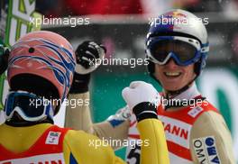 26.02.2011, Oslo, Norway (NOR): (r-l) the winner Thomas Morgenstern (AUT), Fischer was congratulated by his team mate Andreas Kofler (AUT), Fischer  - FIS nordic world ski championships, ski jumping, individual HS106, Oslo (NOR). www.xpb.cc. © Laiho/xpb.cc. Every downloaded picture is fee-liable.