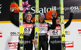 03.03.2011, Oslo, Norway (NOR):  (l-r) Thomas Morgenstern (AUT), Fischer, Gregor Schlierenzauer (AUT), Fischer and Simon Ammann (SUI), Fischer - FIS nordic world ski championships, ski jumping, individual HS134, Oslo (NOR). www.xpb.cc. © Laiho/xpb.cc. Every downloaded picture is fee-liable.