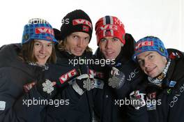 27.02.2011, Oslo, Norway (NOR): Silver Medal Team; Team Norway, l-r: Tom Hilde, Bjoern Einar Romoeren, Anders Bardal, Anders Jacobsen - FIS nordic world ski championships, ski jumping, medals, Oslo (NOR). www.xpb.cc. © Hemmersbach/xpb.cc. Every downloaded picture is fee-liable.