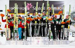 27.02.2011, Oslo, Norway (NOR): the best teams on the podium, (l-r) Norway, Aurstria and Germany  - FIS nordic world ski championships, ski jumping, team HS106, Oslo (NOR). www.xpb.cc. © Laiho/xpb.cc. Every downloaded picture is fee-liable.