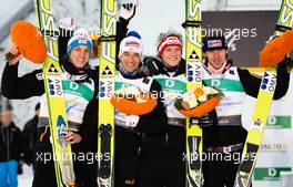 27.02.2011, Oslo, Norway (NOR):  the world champion, team Austria (l-r) Gregor Schlierenzauer (AUT), Fischer, Andreas Kofler (AUT), Fischer, Thomas Morgenstern (AUT), Fischer and Martin Koch (AUT), Fischer - FIS nordic world ski championships, ski jumping, team HS106, Oslo (NOR). www.xpb.cc. © Laiho/xpb.cc. Every downloaded picture is fee-liable.