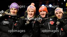 27.02.2011, Oslo, Norway (NOR): team Germany in the victory ceremony (l-r) Martin Schmitt (GER), Elan, Severin Freund (GER), Fischer, Michael Uhrmann (GER), Fischer and Michael Neumayer (GER), Fischer  - FIS nordic world ski championships, ski jumping, team HS106, Oslo (NOR). www.xpb.cc. © Laiho/xpb.cc. Every downloaded picture is fee-liable.
