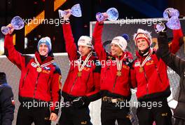 27.02.2011, Oslo, Norway (NOR): the winner team, Austria, (l-r) Gregor Schlierenzauer (AUT), Fischer, Martin Koch (AUT), Fischer, Andreas Kofler (AUT), Fischer and Thomas Morgenstern (AUT), Fischer  - FIS nordic world ski championships, ski jumping, team HS106, Oslo (NOR). www.xpb.cc. © Laiho/xpb.cc. Every downloaded picture is fee-liable.