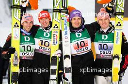27.02.2011, Oslo, Norway (NOR): team Germany (l-r) Michael Neumayer (GER), Fischer, Michael Uhrmann (GER), Fischer, Martin Schmitt (GER), Elan and Severin Freund (GER), Fischer  - FIS nordic world ski championships, ski jumping, team HS106, Oslo (NOR). www.xpb.cc. © Laiho/xpb.cc. Every downloaded picture is fee-liable.
