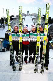05.03.2011, Oslo, Norway (NOR): (l-r) Thomas Morgenstern (AUT), Fischer, Andreas Kofler (AUT), Fischer, Martin Koch (AUT), Fischer and Gregor Schlierenzauer (AUT), Fischer  - FIS nordic world ski championships, ski jumping, team HS134, Oslo (NOR). www.xpb.cc. © Laiho/xpb.cc. Every downloaded picture is fee-liable.