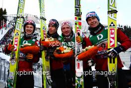 05.03.2011, Oslo, Norway (NOR): (l-r) Tom Hilde (NOR), Fischer, Anders Bardal (NOR), Fischer, Johan Remen Evensen (NOR), Elan and Anders Jacobsen (NOR), Fischer  - FIS nordic world ski championships, ski jumping, team HS134, Oslo (NOR). www.xpb.cc. © Laiho/xpb.cc. Every downloaded picture is fee-liable.
