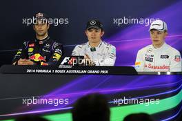 The FIA Press Conference (L to R): Daniel Ricciardo (AUS) Red Bull Racing, second; Nico Rosberg (GER) Mercedes AMG F1, race winner; Kevin Magnussen (DEN) McLaren, third. 16.03.2014. Formula 1 World Championship, Rd 1, Australian Grand Prix, Albert Park, Melbourne, Australia, Race Day.