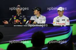 The FIA Press Conference (L to R): Daniel Ricciardo (AUS) Red Bull Racing, second; Nico Rosberg (GER) Mercedes AMG F1, race winner; third. 16.03.2014. Formula 1 World Championship, Rd 1, Australian Grand Prix, Albert Park, Melbourne, Australia, Race Day.