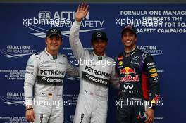 pole position for Lewis Hamilton (GBR) Mercedes AMG F1 W05, 2nd for Daniel Ricciardo (AUS) Red Bull Racing RB10 and 3rd place for Nico Rosberg (GER) Mercedes AMG F1 W05. 15.03.2014. Formula 1 World Championship, Rd 1, Australian Grand Prix, Albert Park, Melbourne, Australia, Qualifying Day.