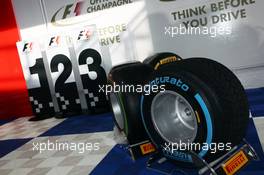 Pirelli tyre display. 16.03.2014. Formula 1 World Championship, Rd 1, Australian Grand Prix, Albert Park, Melbourne, Australia, Race Day.