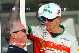 (L to R): Johnny Herbert (GBR) with Nico Hulkenberg (GER) Sahara Force India F1. 13.03.2014. Formula 1 World Championship, Rd 1, Australian Grand Prix, Albert Park, Melbourne, Australia, Preparation Day.