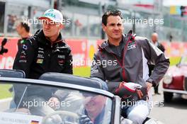 (L to R): Nico Hulkenberg (GER) Sahara Force India F1 and Adrian Sutil (GER) Sauber on the drivers parade. 24.08.2014. Formula 1 World Championship, Rd 12, Belgian Grand Prix, Spa Francorchamps, Belgium, Race Day.
