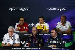The FIA Press Conference (From back row (L to R)): Remi Taffin (FRA) Renault Sport F1 Head of Track Operations 'Robert Fernley (GBR) Sahara Force India F1 Team Deputy Team Principal; Pat Symonds (GBR) Williams Chief Technical Officer; Adrian Newey (GBR) Red Bull Racing Chief Technical Officer; Paddy Lowe (GBR) Mercedes AMG F1 Executive Director (Technical).  04.04.2014. Formula 1 World Championship, Rd 3, Bahrain Grand Prix, Sakhir, Bahrain, Practice Day