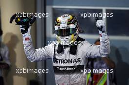 Race winner Lewis Hamilton (GBR) Mercedes AMG F1 W05 celebrates in parc ferme. 06.04.2014. Formula 1 World Championship, Rd 3, Bahrain Grand Prix, Sakhir, Bahrain, Race Day.