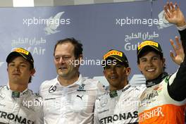 Lewis Hamilton (GBR), Mercedes AMG F1 Team and Nico Rosberg (GER), Mercedes AMG F1 Team and Sergio Perez (MEX), Sahara Force India  06.04.2014. Formula 1 World Championship, Rd 3, Bahrain Grand Prix, Sakhir, Bahrain, Race Day.