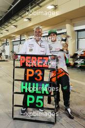 Sergio Perez (MEX) Sahara Force India F1 celebrates his third position with Dr. Vijay Mallya (IND) Sahara Force India F1 Team Owner. 06.04.2014. Formula 1 World Championship, Rd 3, Bahrain Grand Prix, Sakhir, Bahrain, Race Day.