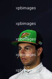 Third placed Sergio Perez (MEX) Sahara Force India F1 in the post race FIA Press Conference. 06.04.2014. Formula 1 World Championship, Rd 3, Bahrain Grand Prix, Sakhir, Bahrain, Race Day.