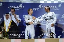 The podium (L to R): second placed Nico Rosberg (GER) Mercedes AMG F1 celebrates with race winning team mate Lewis Hamilton (GBR) Mercedes AMG F1. 06.04.2014. Formula 1 World Championship, Rd 3, Bahrain Grand Prix, Sakhir, Bahrain, Race Day.