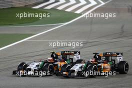 Sergio Perez (MEX), Sahara Force India and Nico Hulkenberg (GER), Sahara Force India  06.04.2014. Formula 1 World Championship, Rd 3, Bahrain Grand Prix, Sakhir, Bahrain, Race Day.