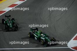 Marcus Ericsson (SWE) Caterham CT05 leads team mate Kamui Kobayashi (JPN) Caterham CT05. 06.04.2014. Formula 1 World Championship, Rd 3, Bahrain Grand Prix, Sakhir, Bahrain, Race Day.