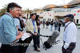 Jackie Stewart (GBR) interviewed by his son Paul Stewart (GBR). 05.04.2014. Formula 1 World Championship, Rd 3, Bahrain Grand Prix, Sakhir, Bahrain, Qualifying Day.