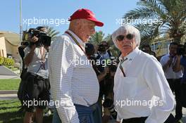 (L to R): Niki Lauda (AUT) Mercedes Non-Executive Chairman with Bernie Ecclestone (GBR). 06.04.2014. Formula 1 World Championship, Rd 3, Bahrain Grand Prix, Sakhir, Bahrain, Race Day.