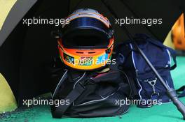 The helmet of Sergio Perez (MEX) Sahara Force India F1 on the grid. 09.11.2014. Formula 1 World Championship, Rd 18, Brazilian Grand Prix, Sao Paulo, Brazil, Race Day.