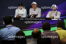 The post race FIA Press Conference (L to R): Lewis Hamilton (GBR) Mercedes AMG F1, second; Nico Rosberg (GER) Mercedes AMG F1, race winner; Felipe Massa (BRA) Williams, third. 09.11.2014. Formula 1 World Championship, Rd 18, Brazilian Grand Prix, Sao Paulo, Brazil, Race Day.