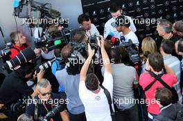 Lewis Hamilton (GBR) Mercedes AMG F1 with the media. 06.11.2014. Formula 1 World Championship, Rd 18, Brazilian Grand Prix, Sao Paulo, Brazil, Preparation Day.