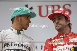 The podium (L to R): Race winner Lewis Hamilton (GBR) Mercedes AMG F1 with Fernando Alonso (ESP) Ferrari. 20.04.2014. Formula 1 World Championship, Rd 4, Chinese Grand Prix, Shanghai, China, Race Day.